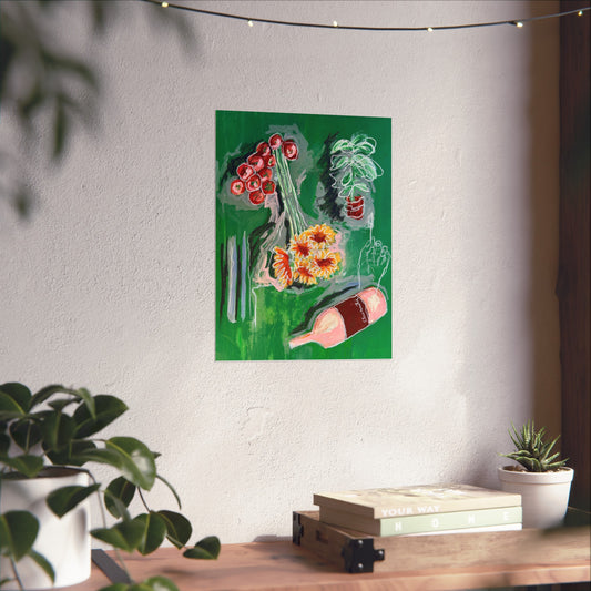 Fine Art Poster, Wine, Sunflowers & Green Abstract