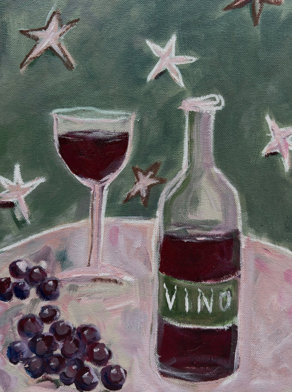 Painting of a bottle and glass of red wine with grapes on a green background