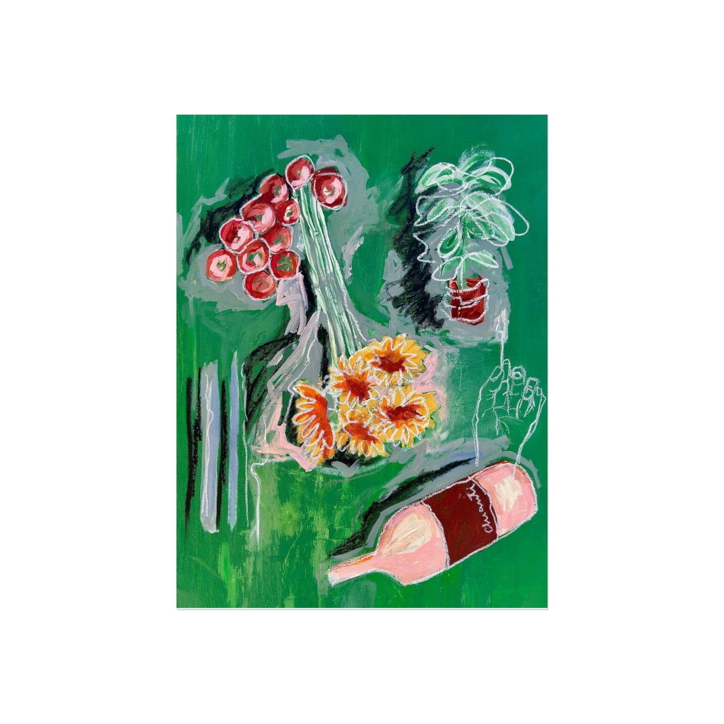 Fine Art Poster, Wine, Sunflowers & Green Abstract