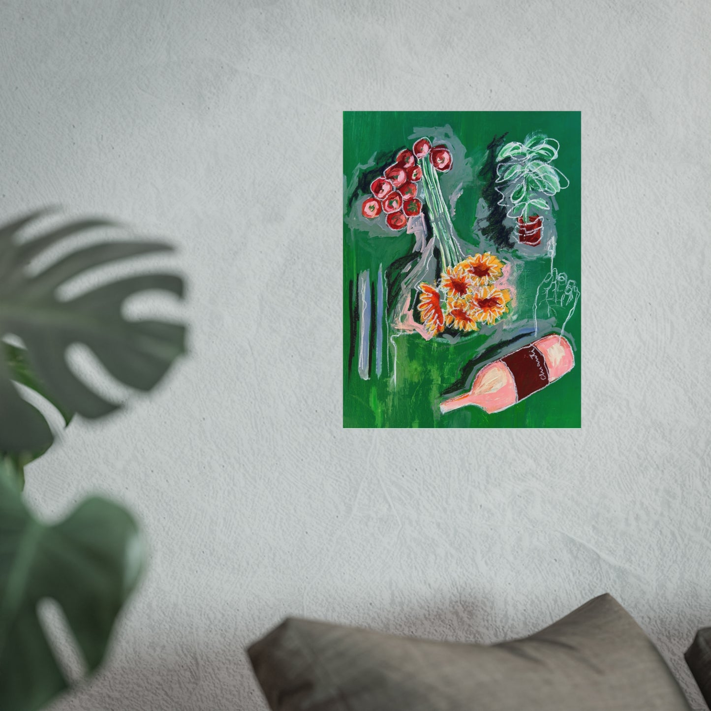 Fine Art Poster, Wine, Sunflowers & Green Abstract