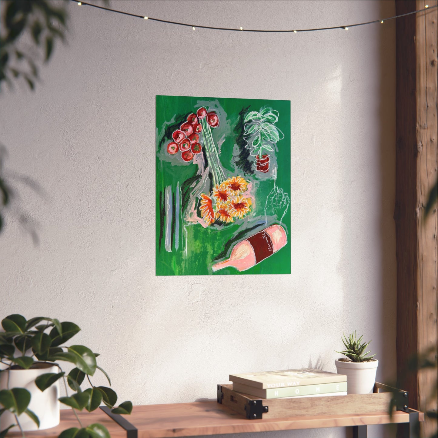Fine Art Poster, Wine, Sunflowers & Green Abstract